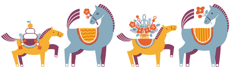 午年年賀状イラスト素材セット（馬の親子と華やかなお正月)