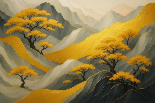 日本画　山水画　金箔背景 山水 屏風(利休屏風) - 金屏風 屏風 の通販(通信販売) KIN BYOBU