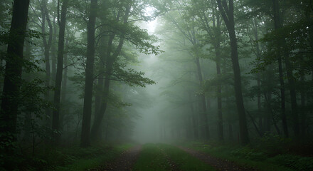 Naklejka premium Enchanting Foggy Forest Path Mystical Green Trees Nature Trail