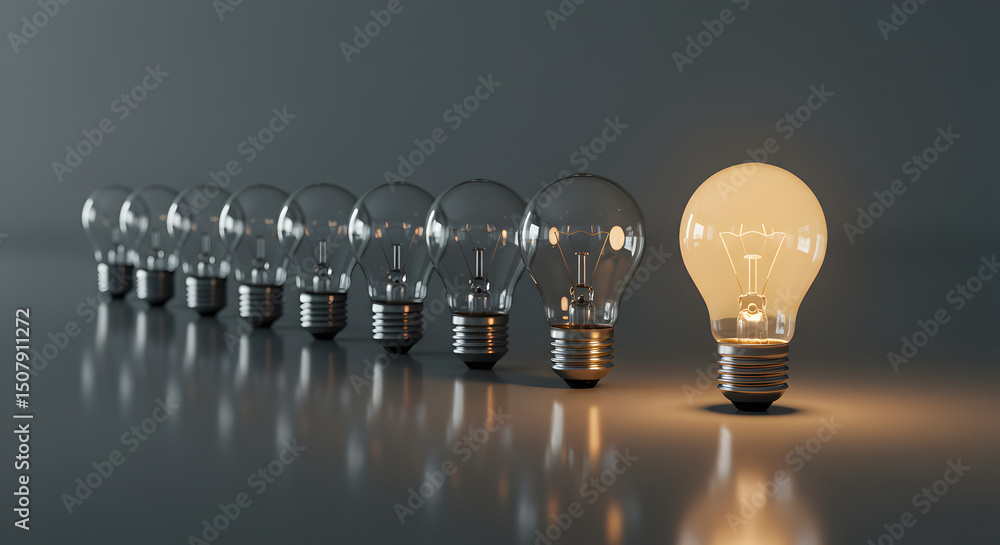 Poster illuminated lightbulb in a row of non illuminated bulbs on gray surface symbolizing innovation