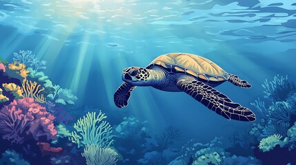 Obraz premium Sea turtle swimming amidst a vibrant coral reef.