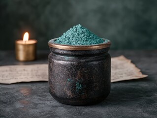 Mystical teal powder overflowing from a cauldron with candle.