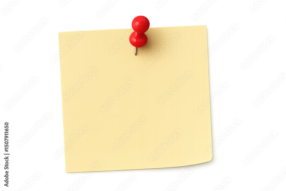Poster yellow sticky note pinned by red thumbtack, displaying blank surface against transparent backdrop fo