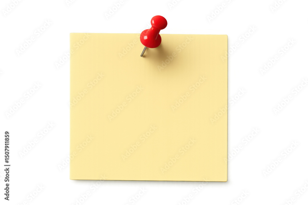 Poster yellow sticky note held by red push pin on transparent background, creating space for customized mes