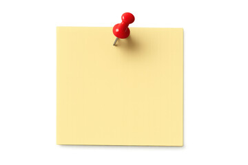 Yellow sticky note held by red push pin on transparent background, creating space for customized messages and reminders