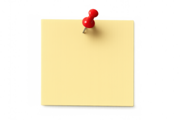 Yellow sticky note held by red push pin on transparent background, creating space for customized messages and reminders