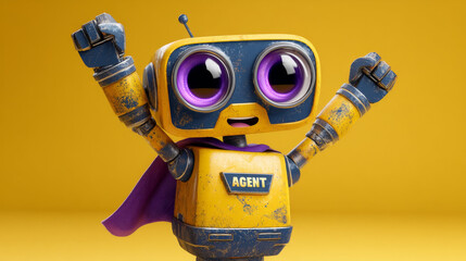 Cute robot character with big purple eyes, wearing yellow outfit and cape, expressing joy and excitement
