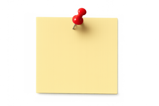 Yellow sticky note held by red push pin on transparent background, creating space for customized messages and reminders
