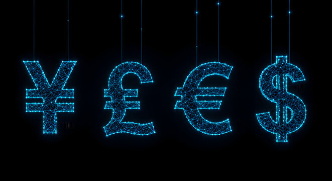 Illuminated Neon Blue Currency Symbols Suspended Against a Black Background Representing Global Finance