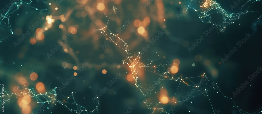 Poster abstract teal and orange network background with bokeh lights.