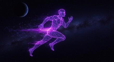 Neon purple wireframe athlete in a dynamic running pose symbolizes energy and motion against a starry cosmic backdrop with glowing particles illuminating an infinite futuristic space environment.
