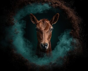 Intense portrait of a brown calf surrounded by earthy particles.