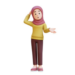3D muslim girl character with hijab is asking a question
