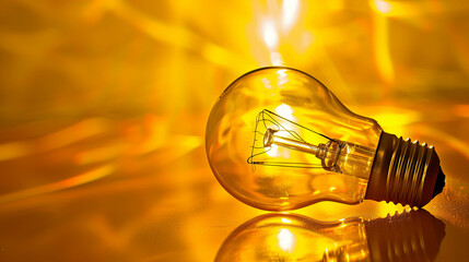 Classic incandescent lightbulb glowing with radiant golden background reflections