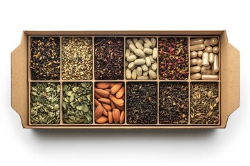 Assortment of teas almonds and supplements in a cardboard box displayed on a white background