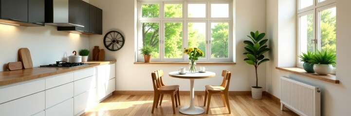 Bright airy kitchen, breakfast nook by window, table, cooking, open plan
