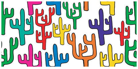 Super colorful seamless cactus field. Minimalist illustration isolated on transparent background