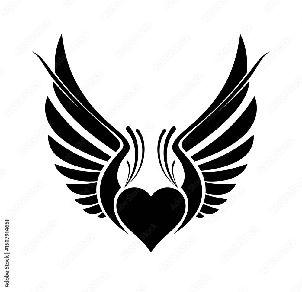 Poster vector heart shape with stylized wings spreading upwards in a symmetrical design element graphic ill