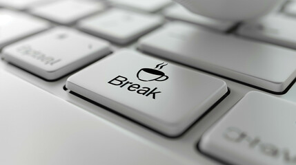 Close-up of computer keyboard featuring custom coffee break button with cup icon