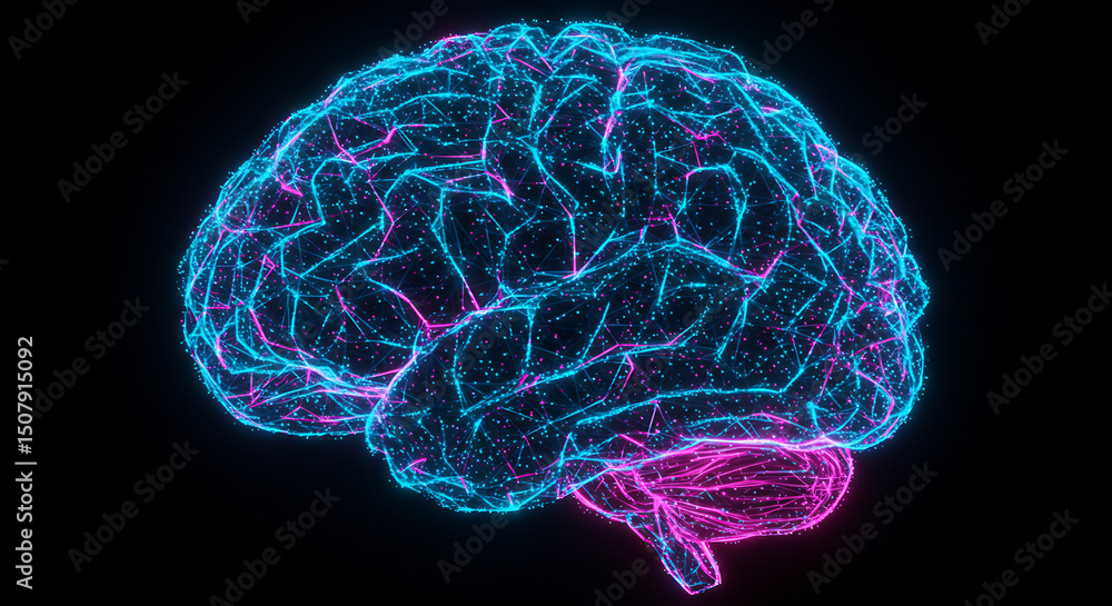 Poster abstract neon brain network glowing digital neural connections and synapses