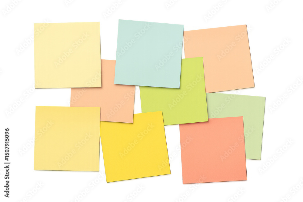 Poster pastel-colored sticky notes arranged on a transparent background, creating a visual reminder or memo