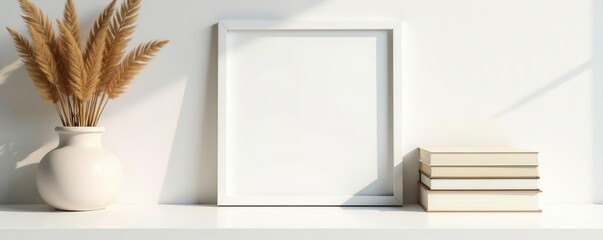 Modern interior, white frame mockup, dry grass, books , flatlay, dry grass, bench
