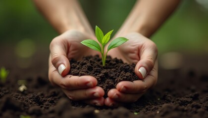 A vibrant green seedling is cradled by gentle hands filled with rich, dark soil, symbolizing growth.
