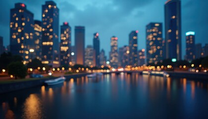 Naklejka premium Abstract, blurred cityscape at twilight creates a moody, atmospheric view across a calm river.