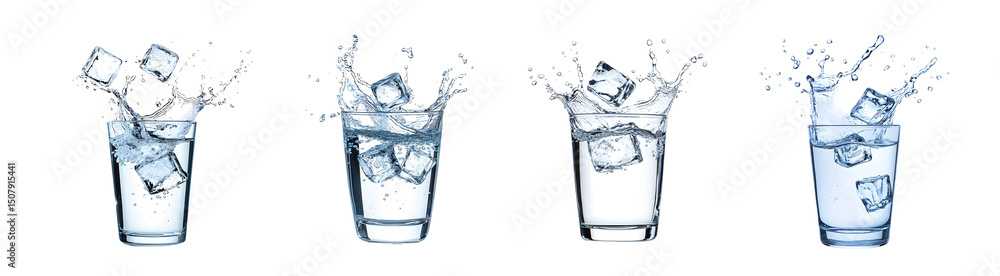 Poster set of water splashing with ice cubes in a glass. isolated on transparent background