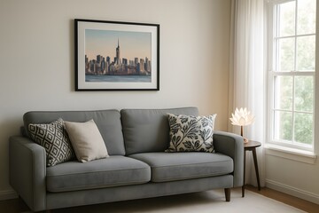Urban Apartment Interior with Skyline Art, Gray Sofa, and Natural Light Window