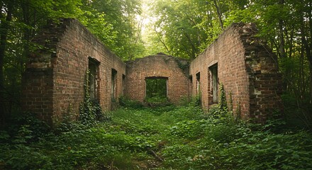 A ruined, brick building in a summer forest, an old and unnecessary building