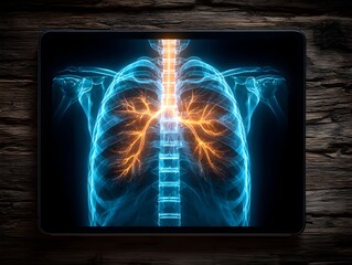A detailed digital X-ray of human lungs displayed on a tablet rests on a rustic wooden surface showing intricate bronchial anatomy.