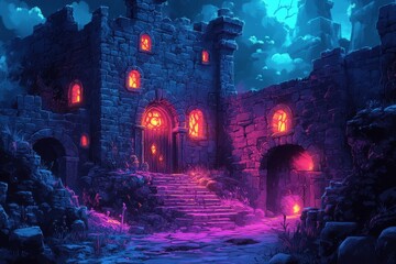 Obraz premium Nightfall at ancient castle ruins, glowing windows, game background