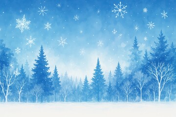 Obraz premium 水彩の冬景色：雪の結晶が舞う、雪の森の背景イラスト