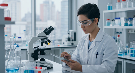 Woman scientist in lab look at science microscope medical test and research biology chemistry. Females technician laboratory analyzing scientific pharmacy genetic research. Chemistry Medical test lab