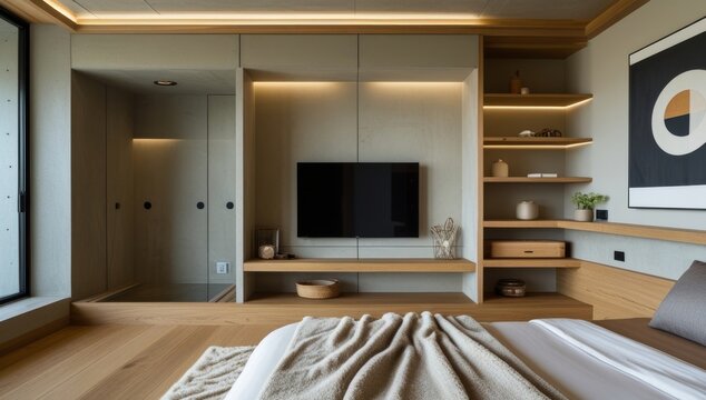 Elegant bedroom design featuring custom built-in shelving and integrated media center