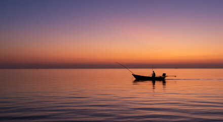 Fototapeta premium Serene Sunset Silhouette Fisherman in Small Boat at Sea Peaceful Ocean Scene