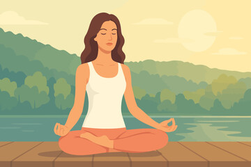 This serene illustration depicts a young woman practicing yoga or meditation in the lotus position on a wooden dock by a calm lake. The scene is set during sunset, with warm tones of orange and yellow