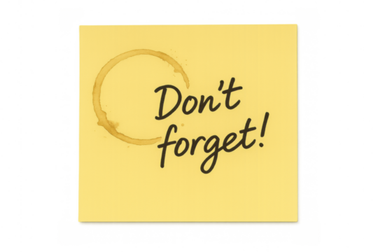 Sticky note with handwritten message don't forget! and coffee cup stain isolated on transparent background