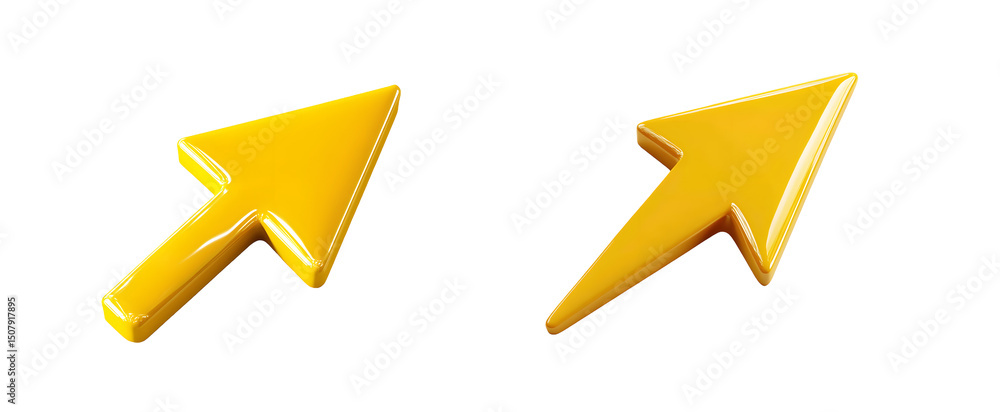 Poster two three-dimensional yellow arrows pointing upwards. isolated on transparent background