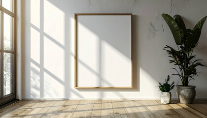 Blank Framed Poster Mockup Sunlight on Wooden Floor & White Wall