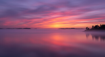 Serene Foggy Lake Sunrise with Colorful Sky and Silhouetted Trees