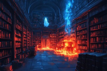 Obraz premium Ghost in burning library; magical fantasy art