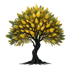 A tree whose leaves are shaped like feathers, each feather glowing with a soft yellow light, whole tree, png transparent background