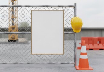 Blank white sign hanging on a construction site fence with safety helmet and traffic cone