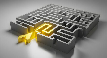 Isometric Grey Maze with a Golden Path to the Exit on White Background Featuring Abstract Solution Concept