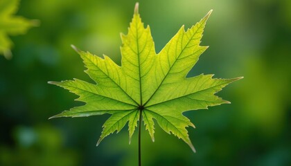 Translucent maple leaf illuminated against a soft green backdrop conveying nature's fresh vibrancy.