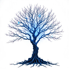 A skeletal tree structure, the bare branches themselves emitting a ghostly blue glow, entire tree, png transparent background