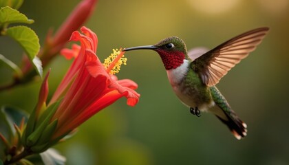 Fototapeta premium Vibrant hummingbird sips nectar from a bright red hibiscus flower, creating a tranquil nature scene.