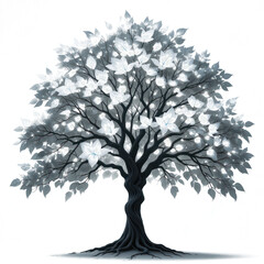 Ethereal tree with transparent leaves, veins glowing with a pulsating white bioluminescence, full tree, png transparent background